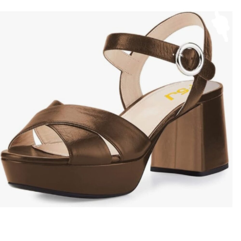 FSJ Bronze Peep Toe Chunky High Heels Platform Sandals Ankle Strap Shoes